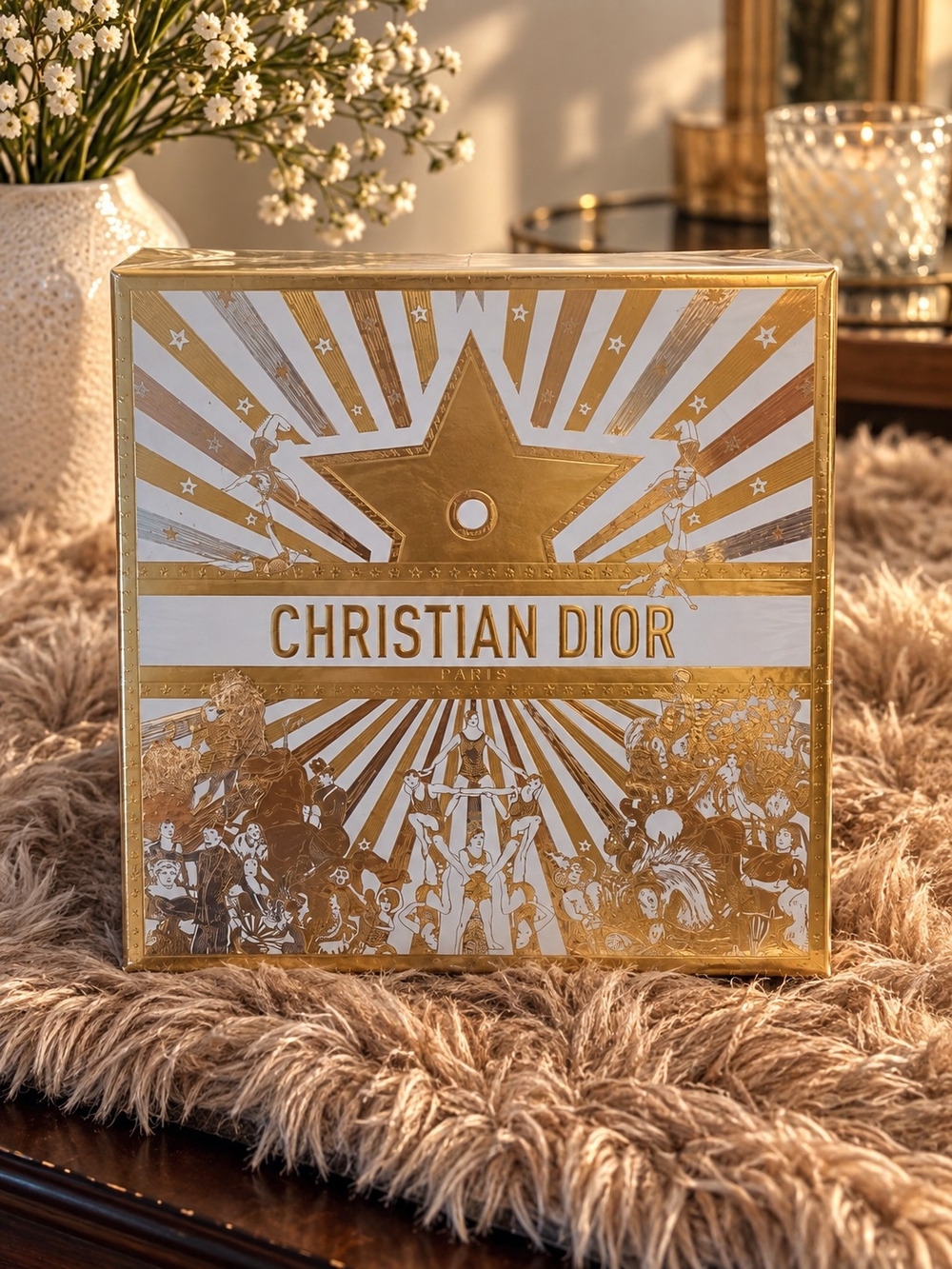 Christian Dior Gold and White Festive Empty Gift Box 7.5x7.5in